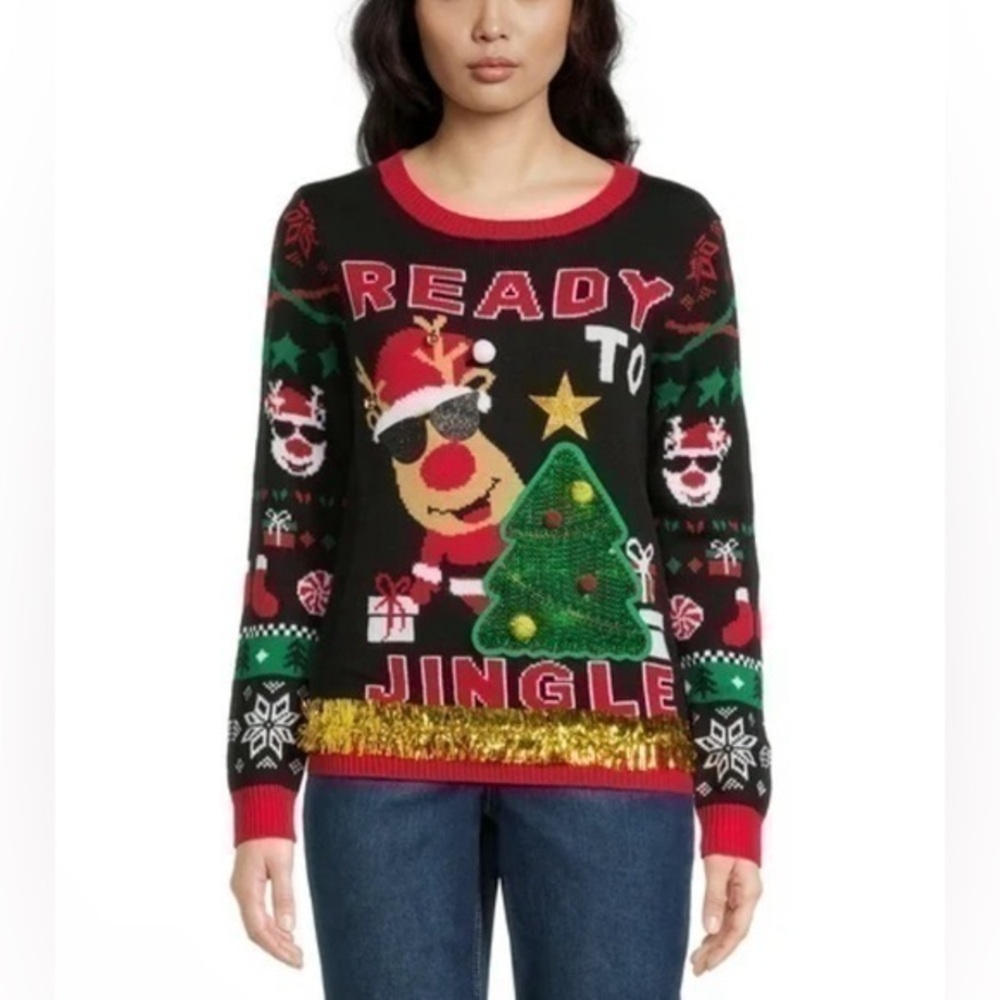 Christmas Sweater Size L Black Rudolph Reindeer